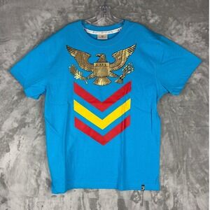 Cavi Mens XL Blue Graphic T-Shirt Gold Eagle Crest Chevron Short Sleeve Cotton
